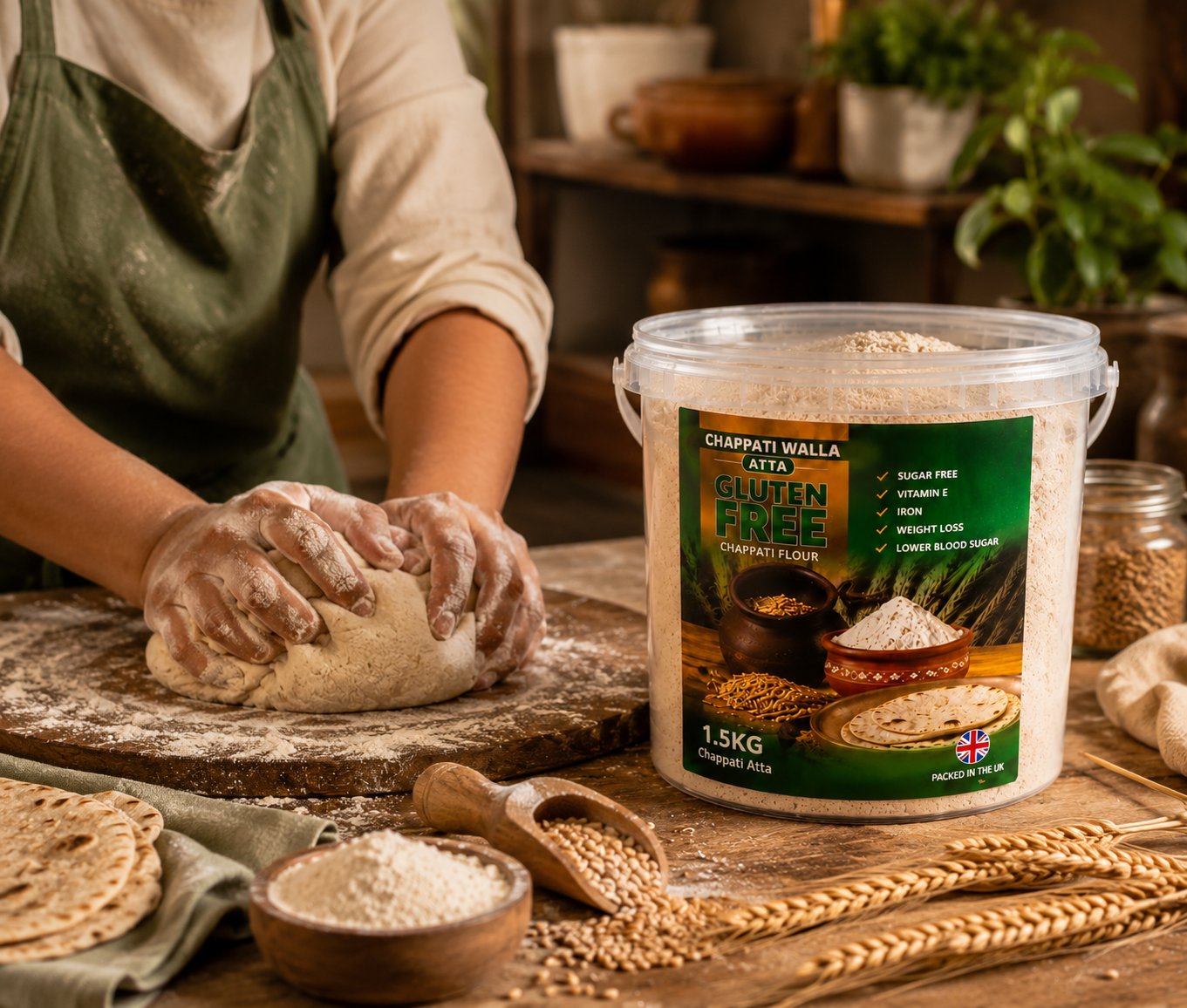 Chappati Wala Atta gluten-free flour, 1.5kg tub beside hand-kneaded dough and fresh chapatis